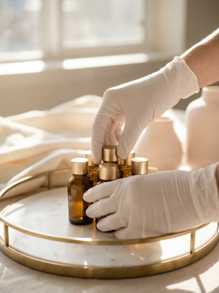 Gloved hands arranging blank amber serum bottles on a marble tray