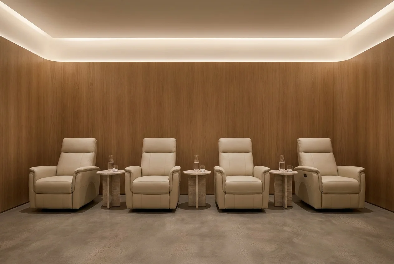 IV therapy lounge with cream leather recliners and oak paneling